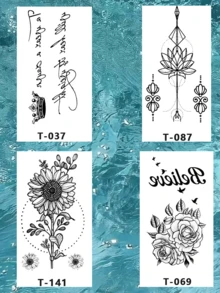 4pcs Black & Gray Line Drawing, Dotwork Style Temporary Tattoos, Lotus Flower + Geometric Arrow Totem Patterns, Suitable For Spine, Waist, Collarbone Or Wrist, Provide Stretching & Lightweight Visual Effect, Can Last 7-14 Days, Essential For Parties, Music Festivals - Black - View 4