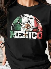 Camiseta de manga corta para mujer con estampado MEXICO y balón de fútbol en bloques verde, y rojo con efecto desgastado - Negro - Ver 1