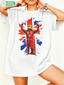 British F1 Driver Fan Art T-Shirt, Red Racing Suit Portrait With Union Jack Background, Retro Formulaaa 1 Style, Unisex Oversized 100% Cotton Crew Neck T-Shirt. - White - View 1