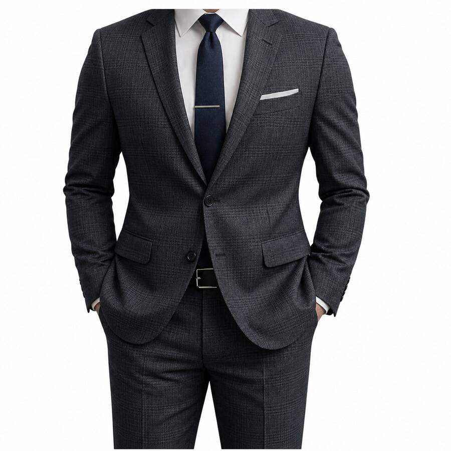 Men's Slim Fit Polyviscose Suit For Weddings - Graphite Chess - View 1