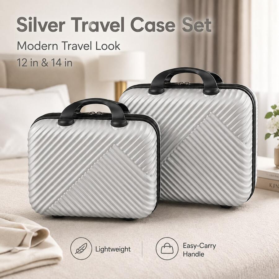 12"/14" Bagage à main ultra-léger, sac cosmétique léger de 0,6 kg, coque rigide de 4 couleurs, boîte de rangement pour maquillage pour les courts voyages d'affaires - Argent - Voir 1