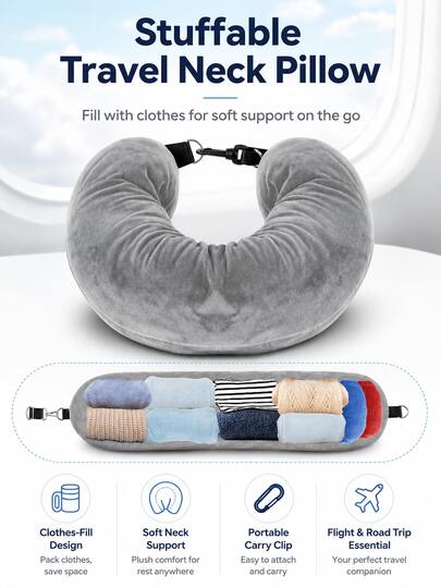 1pc New Refillable U-Shaped Travel Pillow, Portable Neck Pillow For Airplane, Travel, Picnic, Spring Travel, Easter Travel Gift, Mother's Day Travel Gift, Memorial Day Road Trip Essential, Carry-On Essential, Airplane Travel Essential