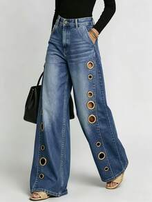 European And American New Denim Jeans With Women's Metal Eyelets Design, Casual And Loose High Waisted Wide Leg Jeans - 淺藍色 - 查看 2