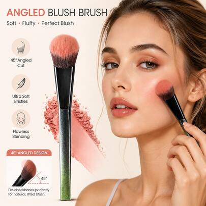 Diagonal Powder Blusher Brush, With Black Gradient Plastic Handle And Dense Bristles, Suitable For Makeup Application