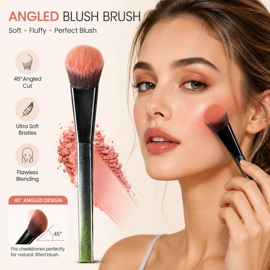 Diagonal Powder Blusher Brush, With Black Gradient Plastic Handle And Dense Bristles, Suitable For Makeup Application - D-Black - View 1