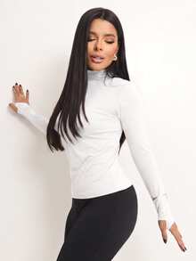 Basic Polyamide Blouse, Long Sleeves With Thumb Loops, High Neck. - White - View 3