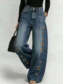 European And American New Denim Jeans With Women's Metal Eyelets Design, Casual And Loose High Waisted Wide Leg Jeans - 藍色(做貨中) - 查看 2