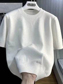 Men's Casual Versatile Solid Color Short Sleeve Knit Top, Suitable For Daily Wear And Commuting - White - View 3