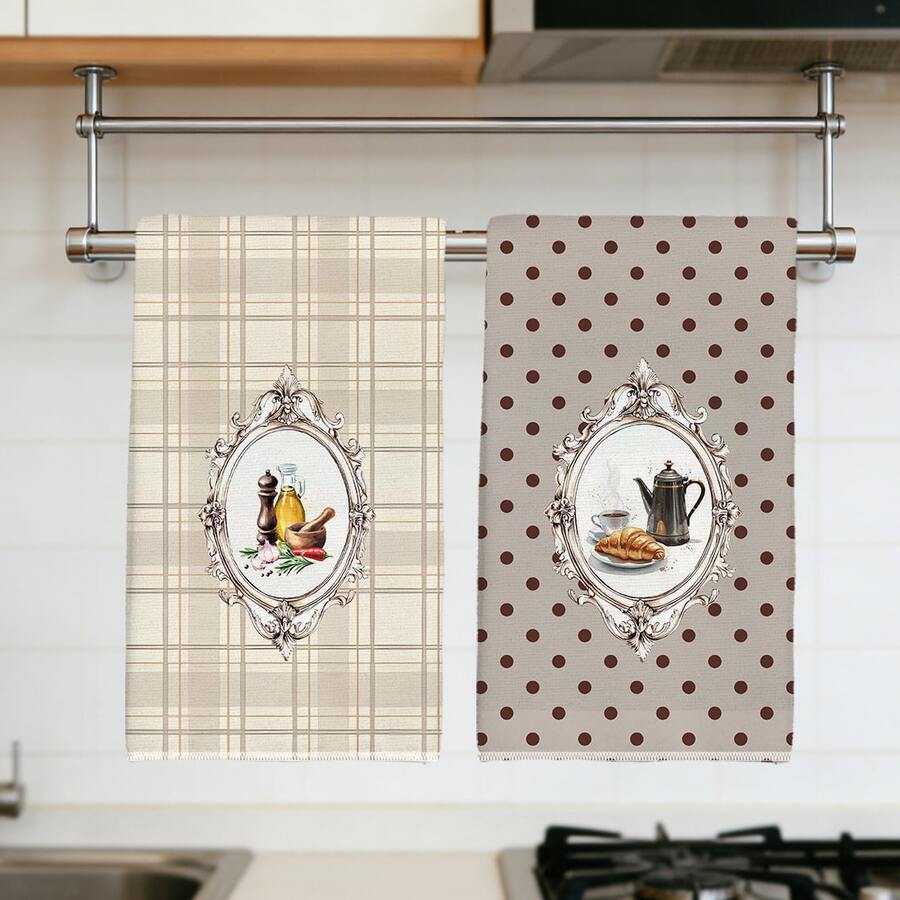 2pcs Vintage Kitchen Utensils, Bread & Coffee Afternoon Tea Pattern Kitchen Towels, Soft Polyester Material Dish Cloths, Suitable For Kitchen Decor, Cleaning, Holiday Party Decoration, Kitchen & Bathroom Essentials, Home Decor, Housewarming Gift - Multicolor - View 1