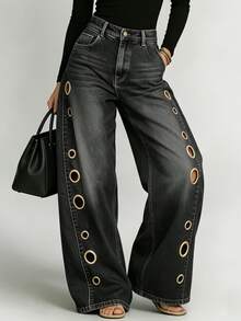 Nuevos jeans de mezclilla con diseño de ojales de metal para mujeres, estilo casual y suelto de cintura alta y pierna ancha, al estilo europeo y americano - Negro (en producción) - Ver 4