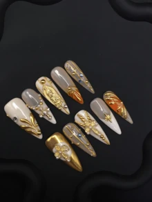 Móng tay giả dán sẵn nhỏ đeo hàng ngày, dáng dài nhọn, chạm khắc 3D phong cách vintage, trang trí kim loại mạ vàng hình chân Crock sang trọng, làm thủ công - Nhiều màu - Xem 2