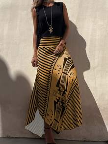 Women's Elegant Striped Maxi Skirt, A-Line Romantic Long Skirt, Suitable For All Seasons Vacation - Dark Yellow - View 3