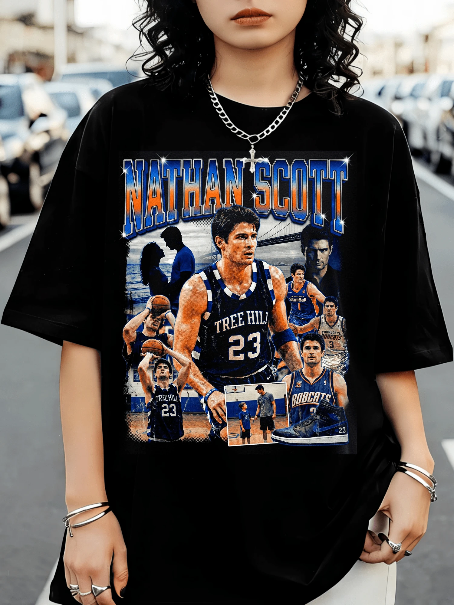Nathan Scott T-Shirt, One Tree Hill Fan T-Shirt, 90s Retro Basketball Graphic T-Shirt, Tree Hill Ravens Merchandise - Black - View 1