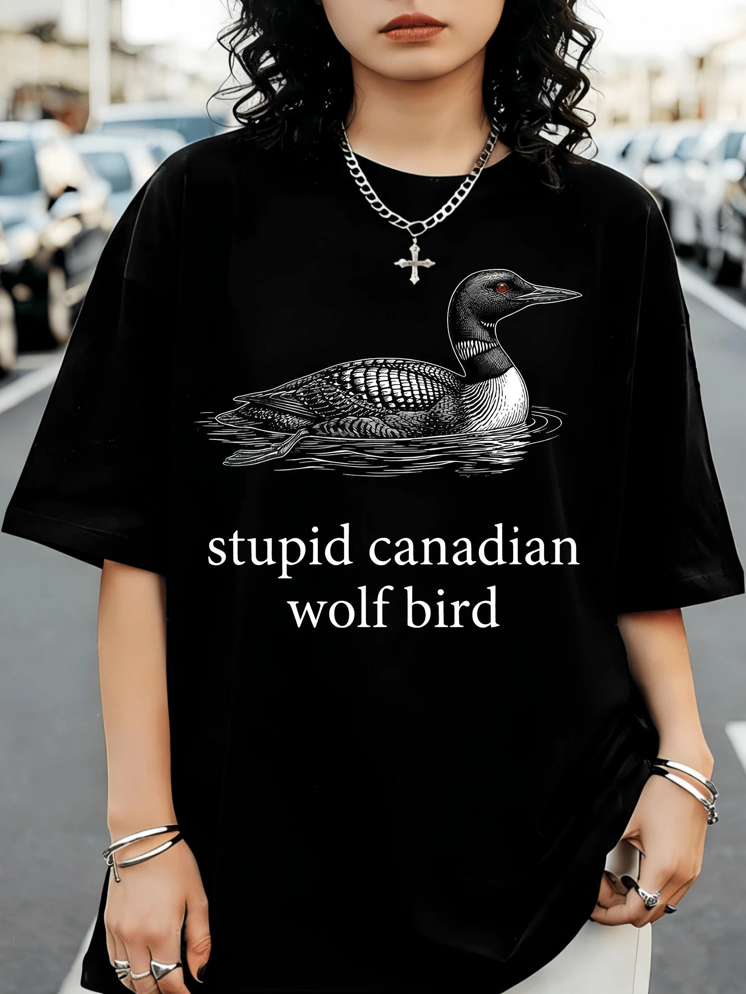 Funny T-Shirt With A Canadian Wolf-Duck, Fun Gift For Nature Lovers, Sarcastic Graphic Tee. - Black - View 1