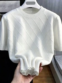 Suéter de manga corta de punto para hombre, uso casual y versátil para ir al trabajo, primavera/verano - Blanco - Ver 3