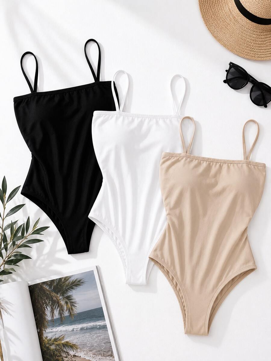 Set Of 3 Women's Bodysuits With Thin Straps, Straight Neckline, Spandex Fabric With Padded Cups - Perfect Gift For Parties, Christmas, New Year's, Birthdays, Day/Night, Casual, Versatile - 黑白/裸體 - 查看 1