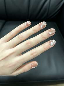 10Pcs Handmade Press On Nails Nude Glitter Fake Nails With Cat Eye, 3D Pink Bow & Pearl Design Short Reusable False Nails For Girls - Multicolor - View 3