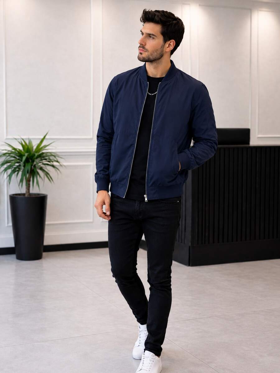 Modern Plain Casual Men's Bomber Jacket - 藏蓝色 - 查看 1
