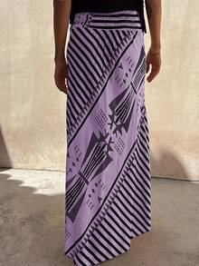 Women's Elegant Striped Maxi Skirt, A-Line Romantic Long Skirt, Suitable For All Seasons - Lilac Purple - View 2