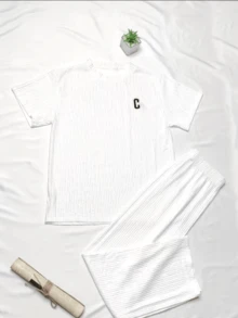 Conjunto de dos piezas informal y holgado para el hogar, ligero y bordado con la letra C para primavera y verano, compuesto por camiseta y pantalones largos, 1 unidad - Blanco - Ver 3