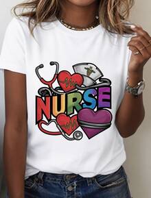 Camiseta Estampada para Mujer I ❤️   NURSE con Diseño de Corazones y Estetoscopio - Camiseta Casual de Manga Corta y Cuello Redondo, Corte Relajado para Todas las Estaciones, Perfecta para Uso Diario y Vacaciones, Lavable aáquina. - Blanco - Ver 7
