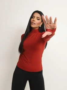 Basic Polyamide Blouse, Long Sleeves With Thumb Loops, High Neck. - Terra Cota - View 6