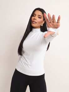 Basic Polyamide Blouse, Long Sleeves With Thumb Loops, High Neck. - White - View 4