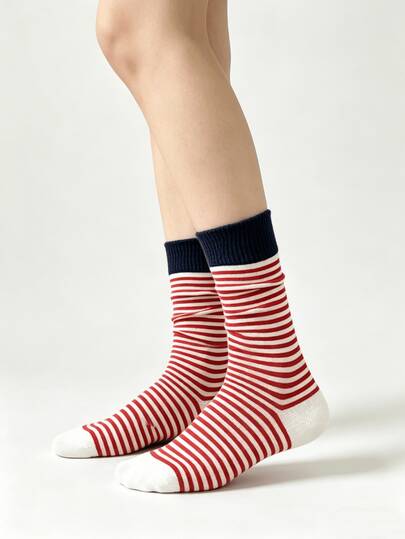 1/4 Pair Retro Atmosphere Colorblock Striped Casual Mid-Calf Socks, Suitable For All Seasons