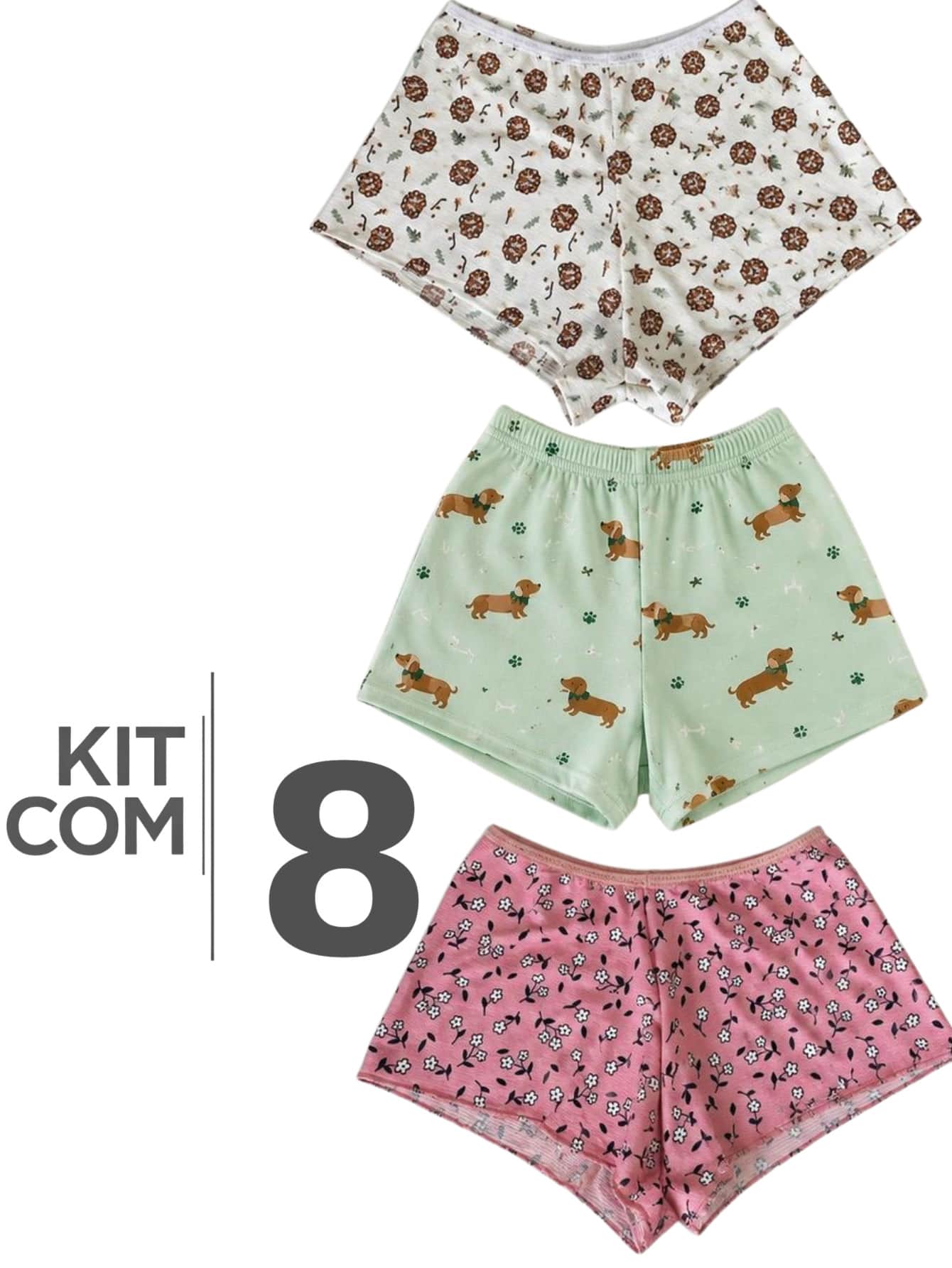 Kit8 Short Feminino Estampado Confortável Moda Casual - Multicolorido - Visão 1