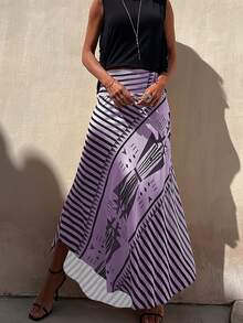 Women's Elegant Striped Maxi Skirt, A-Line Romantic Long Skirt, Suitable For All Seasons - Lilac Purple - View 4