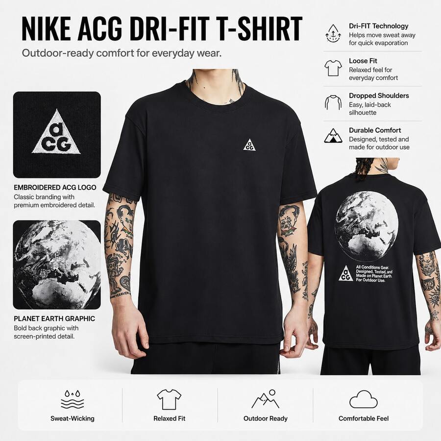 Nike ACG DRI-FIT 落肩休閒舒適快乾T卹 男款 黑色 - 黑色 - 查看 1