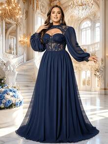 Đầm maxi dài tay bằng chiffon phối ren màu trơn thanh lịch dành cho nữ cỡ lớn, thích hợp cho các buổi tiệc trang trọng. - Màu xanh hải quân - Xem 1