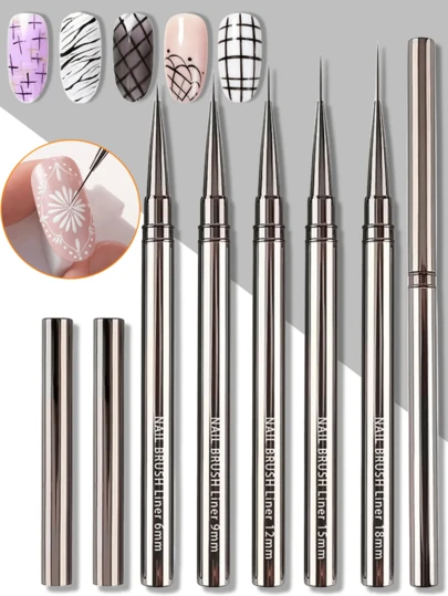 1/5pcs Fine Tip Nail Art Liner Brushes, Multi-Size 6/9/12/15/18mm, Metal Handle Nail Drawing Pens With Cover, Versatile Nail Brushes For DIY & Home Manicure, Line Drawing, Detailing, Stripes, Flower Painting, Nail Art Supplies For Gel Polish & Acrylic Nails