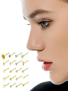 20 Pcs Fashion Gold Plated Stainless Steel Rose Heart Star Moon Nose Stud Set For Women Piercing Accessory - Straight - View 1