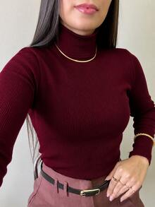 Women's Plush Ribbed Blouse Long Sleeve High Neck Basic Casual Modern Thermic Black S,M,L,XL - 酒紅色 - 查看 1