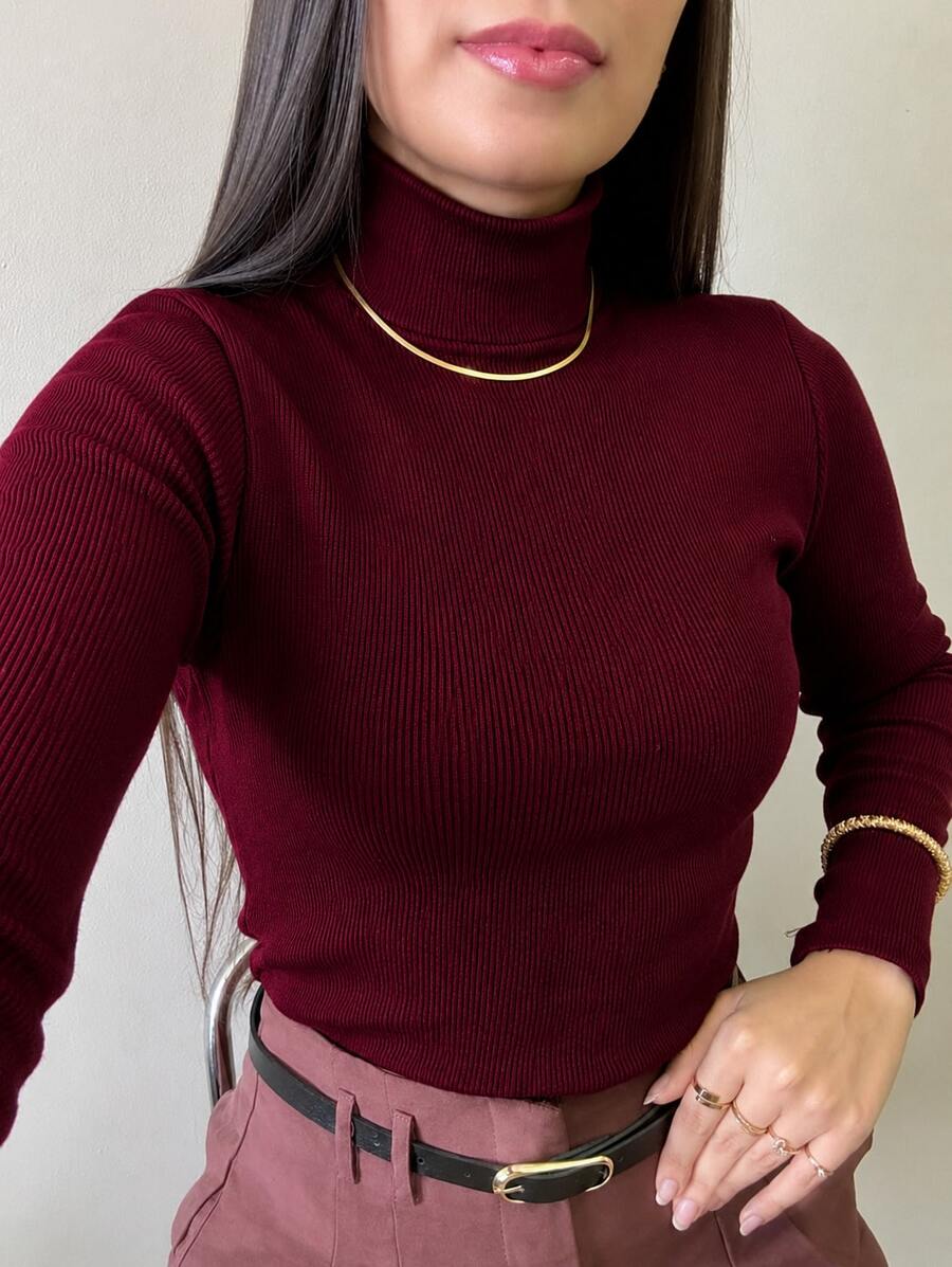 Women's Plush Ribbed Blouse Long Sleeve High Neck Basic Casual Modern Thermic Black S,M,L,XL - 酒紅色 - 查看 1
