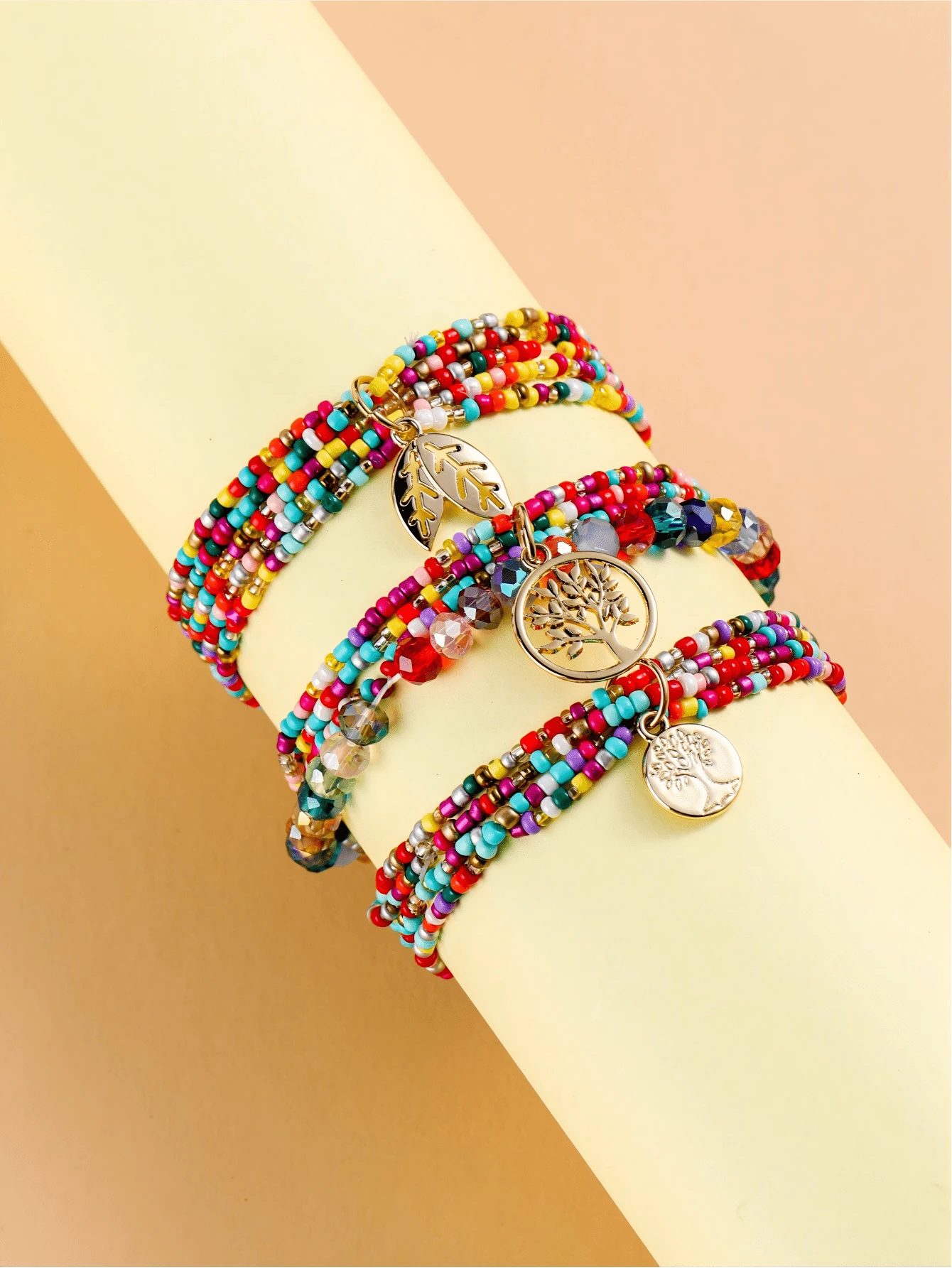 3pcs Leaf Charm Beaded Bracelet - Multicolor - View 1