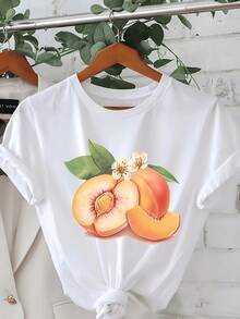 Durazno jugoso con hojas verdes y flores que simboliza la dulzura natural y la energía fresca del verano camiseta de mujer casual blanca cómoda y moderna - Blanco - Ver 6
