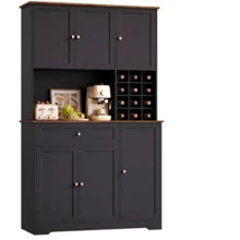 Küchenschrank 180cm Buffetschrank mit Sideboard für Küche mit Küchenschrank mit Arbeitsplatte & Weinregal für 12 Flaschen Küchenbuffet Küchenmöbel 180x100x39cm Schwarz - Schwarz - Übersicht 9