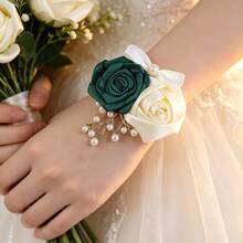 4pcs Elegant Ivory & Dark Green Rose, Korean Style Golden Leaf, Pearl, Bow Elastic Pearl Wrist Corsage, Bridal Bridesmaid Wrist Decor, High-End Wedding Party Prom Valentine's Day Event Wrist Accessory SW280 - Milk + Dark Green - View 6