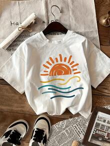 Sol radiante elevándose sobre olas tranquilas que evocan esperanza energía positiva y la belleza de un nuevo amanecer junto al mar camiseta de mujer casual cómoda para verano - Blanco - Ver 1