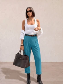 Women's High-Waisted Straight-Leg Trousers With A Slimming Effect And Folded Hem, An Elegant Style Ideal For The Office And Casual Wear - 薄荷藍 - 查看 5