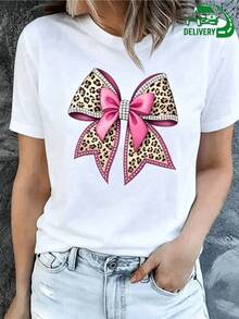 Large Leopard Print Bow And Bright Pink Ribbon Representing The Combination Of Strength And Tenderness With Modern Details And An Elegant Touch. Attractive Casual Women's T-Shirt - 白色 - 查看 8