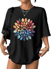 Mandala de hojas multicolores que simboliza energía vital armonía interior y conexión con la naturaleza camiseta de mujer casual cómoda de manga corta para uso diario - Negro - Ver 6