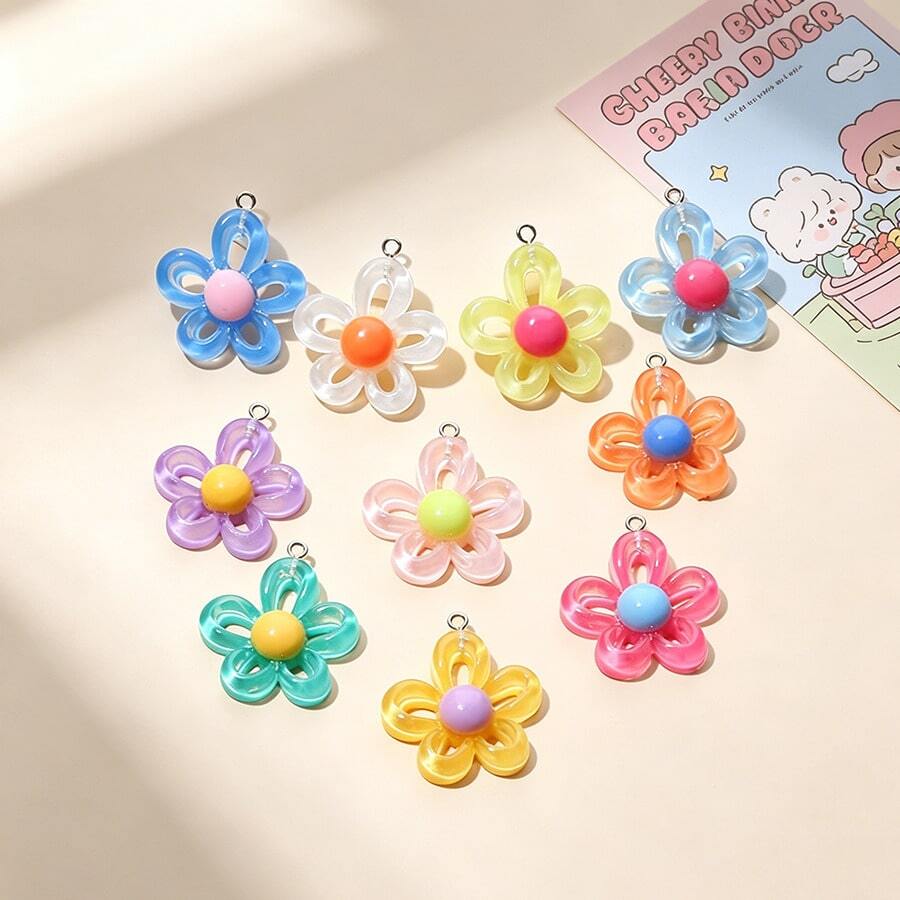 10/20pcs Colorful Resin Hollow 5-Petal Flower Pendant Charms, Suitable For DIY Necklace, Earrings, Keychain, Jewelry Accessories - Mixed - Flower Pendant, Style B - View 1