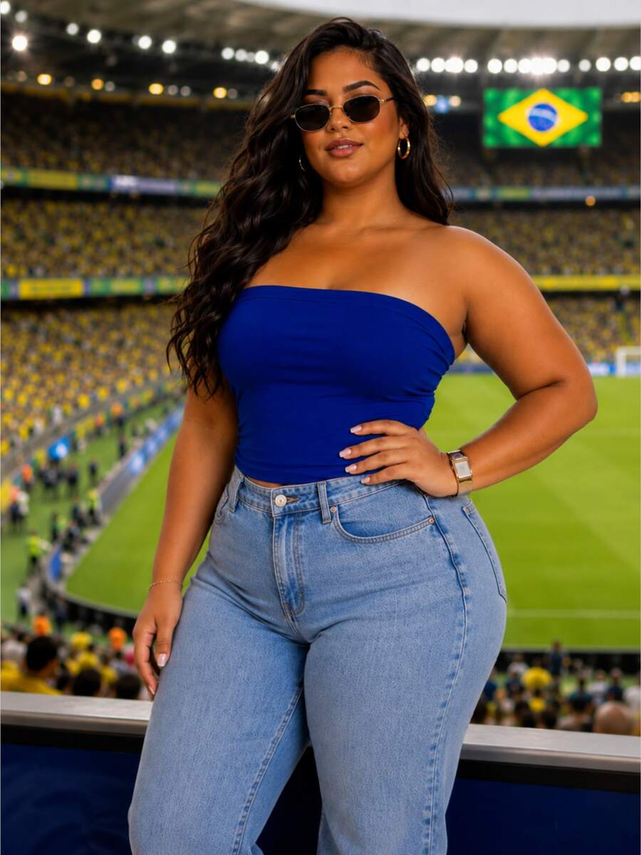 Strapless Top Tube BRAZIL Plus Size Cropped EMBROIDERED 6X4 OR CUP COLORS Women's Double Layer Spandex Shapes The Waist Without Padding Strapless Tube Top - 皇家藍(無刺繡) - 查看 1