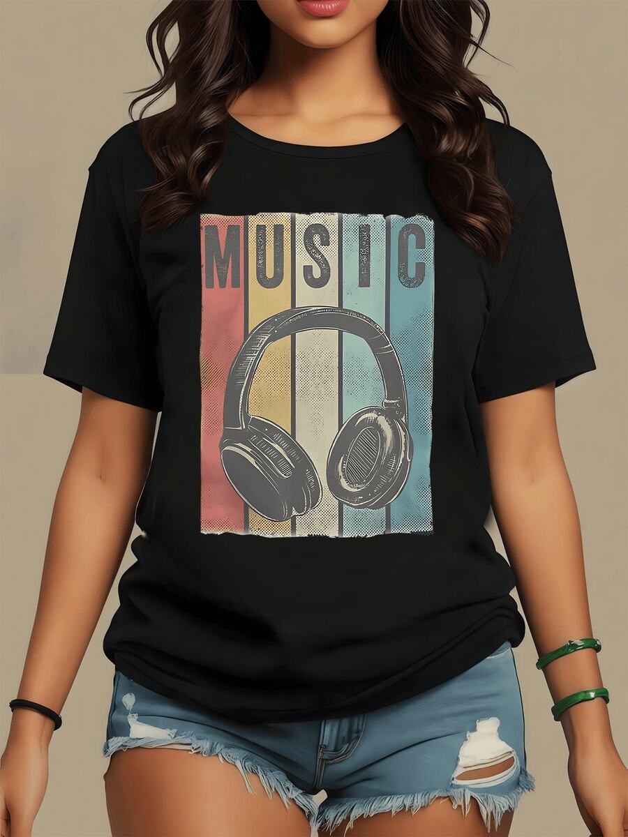 Auriculares vintage sobre franjas coloridas simbolizan la pasión por la música y la libertad creativa ideal para quienes viven al ritmo de sus melodías camiseta de mujer casual moderna y cómoda - Negro - Ver 1