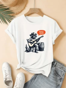 A Raccoon Wearing A Hat And Playing Guitar Next To A Barrel In Soft Light Symbolizes Enjoying Music With A Free Spirit And Joy. This Modern And Comfortable Casual Women's T-Shirt Is Perfect For Everyday Wear. - 白色 - 查看 8