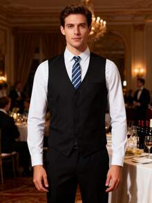 Men's Slim Fit Black Front Closure Suspender Vest, Formal Business Wedding, Spring/Autumn - Black - View 3