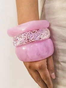 3件套甜美优雅不对称几何粉色手镯套装，百搭时尚手链，适合女性佩戴，可用于海滩、音乐节、日常佩戴。 - 甜美彩色大樹脂手鐲 - 查看 2